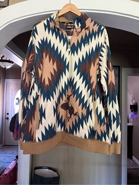 Rank-45 Men’s Zip-Up Geometric Western Sweater - Tan, Teal & Cream